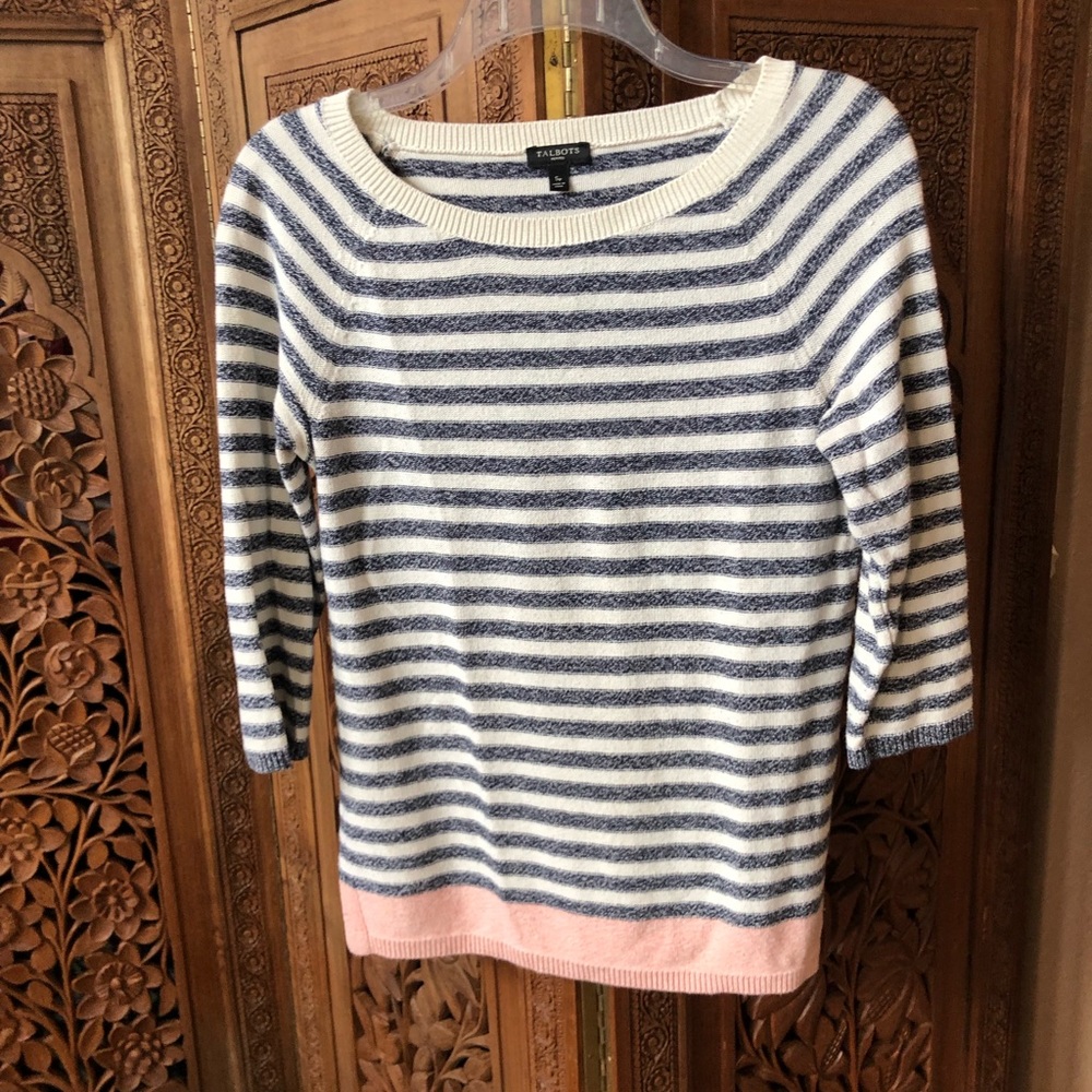 EUC Talbots petites small soft denim blue and cream sweater